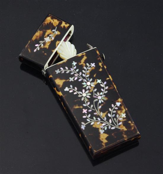 A Victorian tortoiseshell and mother of pearl inlaid etui, 3.5in.